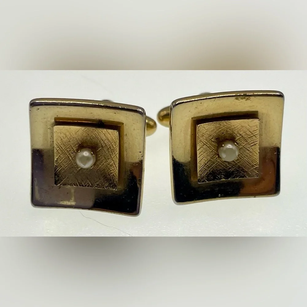 3 for $30 Vintage Signed Speidel USA Gold Tone Square Cufflinks Faux Pearl